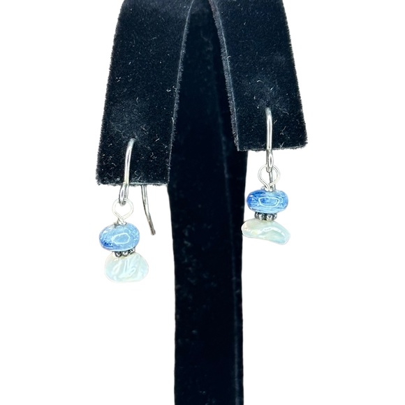 Vintage Sterling Silver Pearl & Blue Stone Dainty Dangle Earrings - Picture 1 of 5